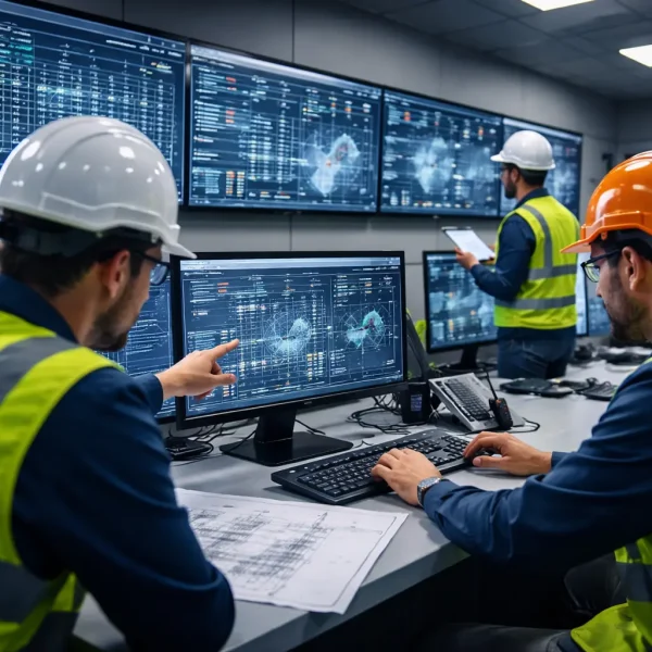 Engineers monitoring critical infrastructure systems in a technical control room